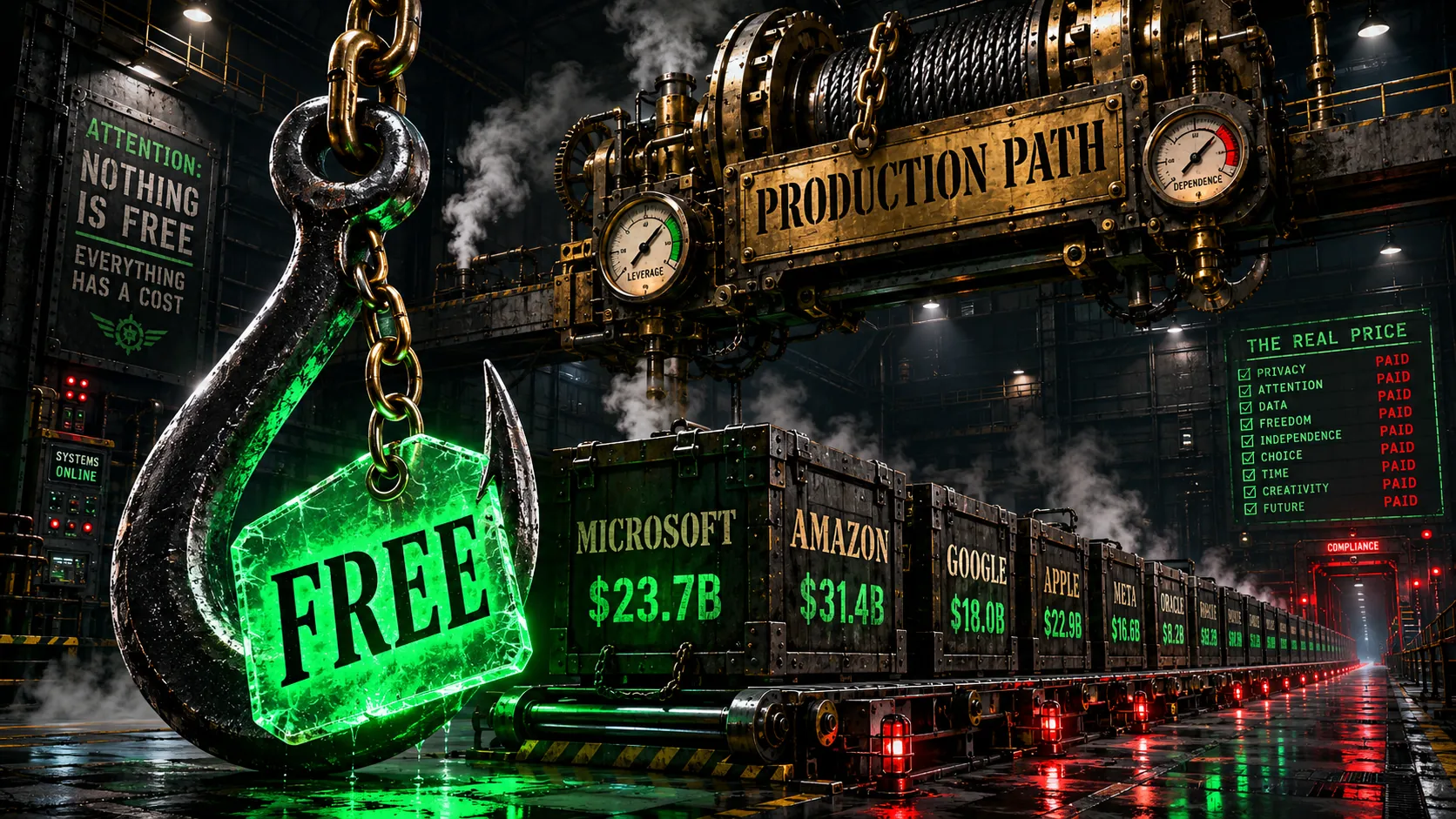 Dark industrial illustration of a massive forged steel fishing hook hanging in a black warehouse. The bait is a glowing emerald-green FREE tag, suspended from a brass chain attached to a heavy mechanical winch labeled PRODUCTION PATH. Below the hook, a long industrial assembly line recedes into shadow with crates stamped in green-glowing dollar amounts. Wet concrete floor with reflections of the emerald tag and red signal lights. Industrial brutalism, machinist precision, emerald and signal red accents on black.