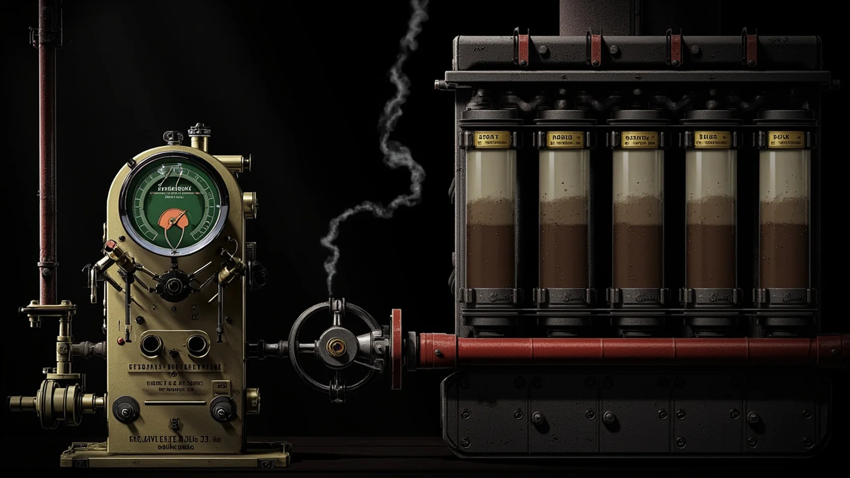 Dark industrial illustration of two adjacent machines in a mechanical engine room: a tall brass precision instrument on the left with chrome dials and a cosine-similarity gauge face (Vector Database, the similarity search engine), a massive cast-iron municipal reservoir on the right with five vertical glass cylinders containing weighted bottles in amber fluid and labeled pressure chambers for different page keys (ContextBank, the persistent state architecture), and a horizontal red-painted iron pipe with a brass gate-valve wheel between them controlling the draw. Steam drifts between the machines, exposed conduits and rivets throughout, emerald and signal red accents on black. Industrial brutalism, machinist precision.