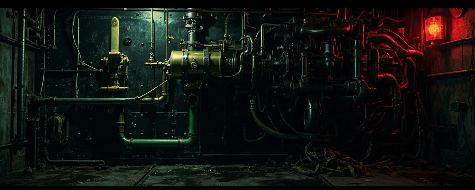 Dark industrial illustration of a precision instrument panel showing the contrast between minimal primitives and overbuilt abstractions: on the left side a single small brass lever mounted on a clean brass cylindrical vessel, one straight pipe running out to a clean output and lit with an emerald green glow; on the right side a dense abandoned mechanical apparatus of gears, flywheels, pumps, and tangled conduits fading into shadow with a single signal red warning lamp on the wall above. The minimal side carries the load alone. The elaborate side is unused. Wet concrete floor with reflections, exposed rivets, brushed steel panels, dark industrial brutalism.