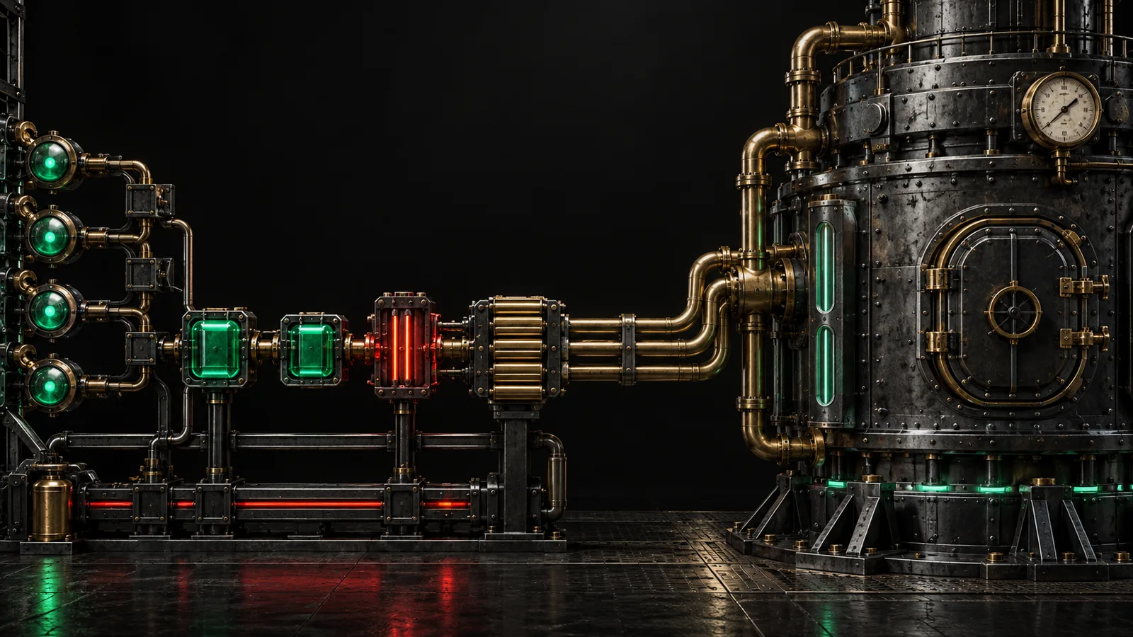 Dark industrial illustration of a managed runtime chamber on the right connected by brass conduits to a structured agent execution engine on the left, with emerald state containers, linked P2P nodes, a brass ContextBank mechanism, and a signal-red policy gate. Deep black background, industrial brutalism, machinist precision, no readable text.