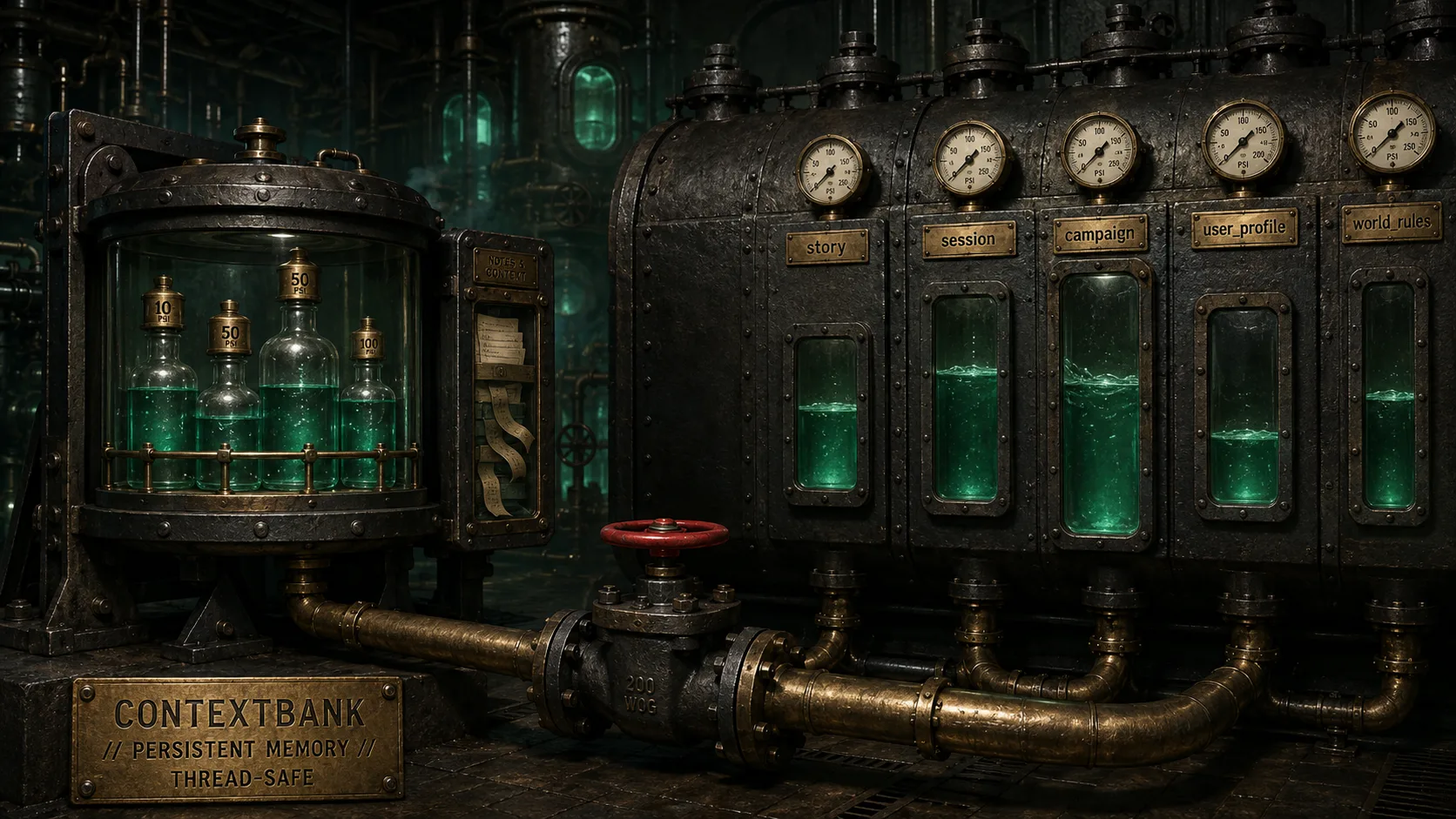 Dark industrial illustration of a two-tier memory utility: a small cast-iron reservoir (ContextWindow) on the left with weighted glass bottles of varying sizes (lorebook entries) suspended inside, brass pipes feeding in and out, and a massive municipal water main (ContextBank) on the right with labeled pressure chambers for different page keys, a heavy mechanical gate-valve (mutex) controlling the draw between them, gauges and rivets throughout. Emerald water glow inside the pipes, signal red on the gate-valve handle. Industrial brutalism, machinist precision.