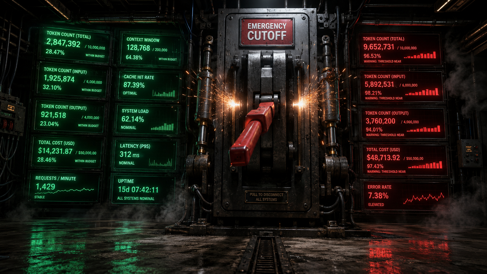 Dark industrial illustration of a massive mechanical emergency cutoff switch mid-throw in a control room: a chunky lever being pulled with force, sparks at the contact point where the contacts separate, status panels with emerald token-count gauges behind it, several panels flipped to signal red as the threshold is crossed, exposed conduits and steam drifting through the air. Industrial brutalism, machinist precision.
