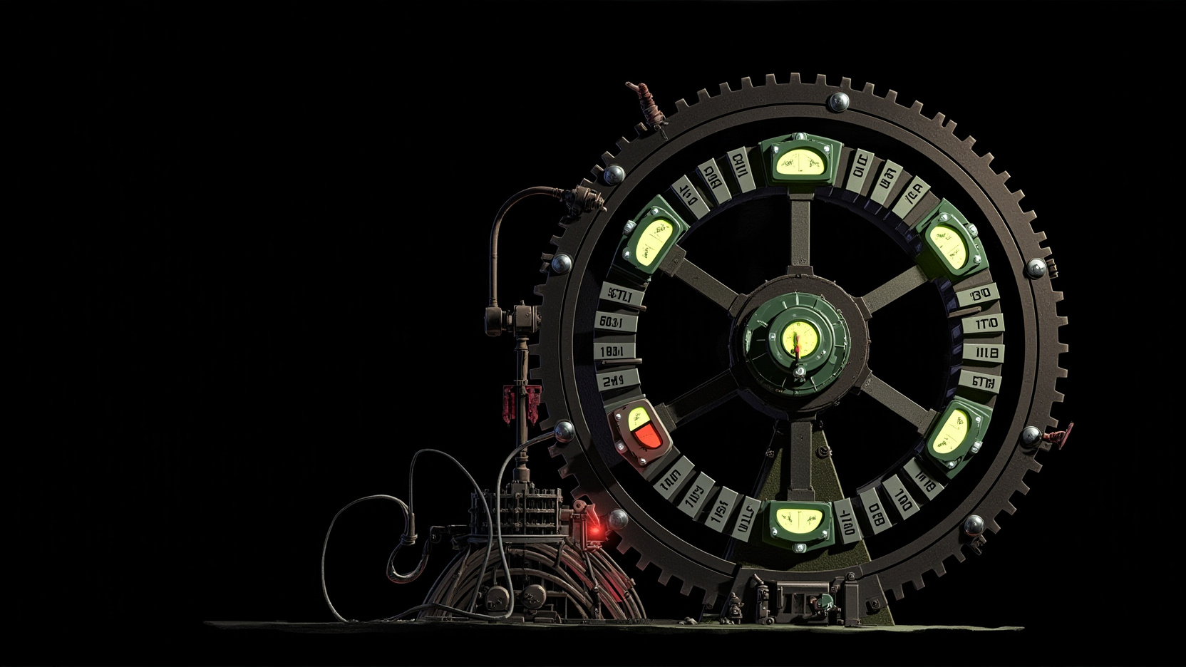 Dark industrial illustration of a massive mechanical runtime harness built around a central iron flywheel labeled PUMPSTATION turning with three concentric rails. Three control booths jut off the flywheel (JUDGE, DISPATCH, GOAL) each with a small glowing pressure gauge. A heavy red kill switch lever on the left wall is wired into a brass bus-bar that snakes to every station on the wheel. Eighteen numbered metal hook plates (DITL hooks) are bolted around the wheel rim. A heavy cast-iron STASH vault sits at the base, with a small emerald indicator lamp. Exposed conduit, steam, and rivets throughout. Industrial brutalism, machinist precision, emerald and signal red accents on black.