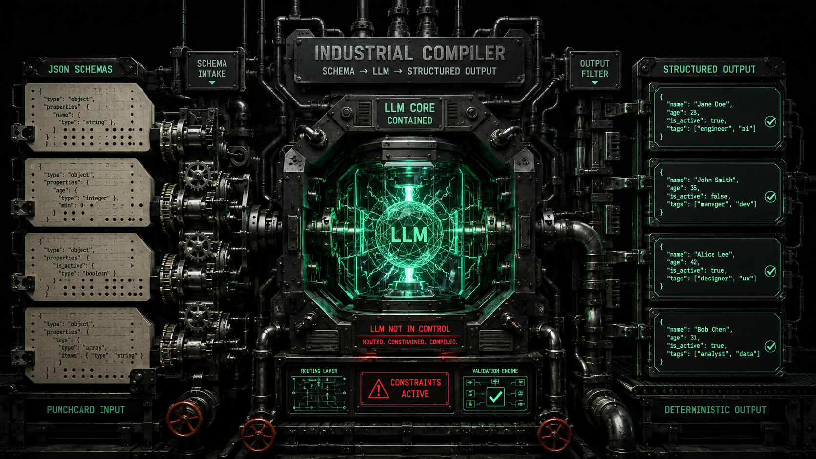 Dark industrial illustration of a mechanical compiler: JSON schemas fed like punchcards into gears on the left, a glowing LLM core trapped inside the mechanism and routed through pipes and valves, and clean structured responses emerging on the right. Emerald and signal red accents on a black background. Industrial brutalism, machinist precision.
